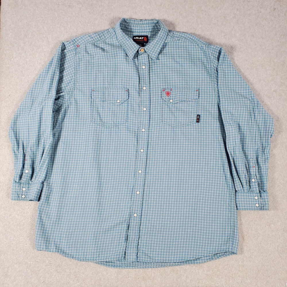 Ariat FR Work Shirt Mens 3XL Tall Blue Grid Flame Resistant Snap Front CAT2